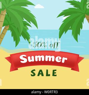 Sommer Saison verkauf Flachbild banner Vorlage. Heiße Jahreszeit 50 Prozent Rabatt auf meereslandschaft mit Palmen im Hintergrund. Reduzierter Preis promo auf red ribbon Werbung, saisonale Spiel bieten Plakat Layout Stock Vektor