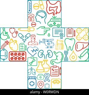 Abstrakte Konzept der Medizin Medicals Symbole Textur in Kreuzform Zusammensetzung Hintergrund - Vector Illustration, eps 10. Stock Vektor