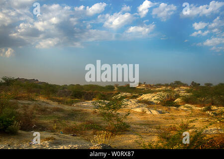 Indische scrub Dickicht der stacheligen Strauch Akazie. Bushveld Savanne. Im Vordergrund ein Teil des Rasens wird von Vieh als Folge der overgrazin gebrochen Stockfoto