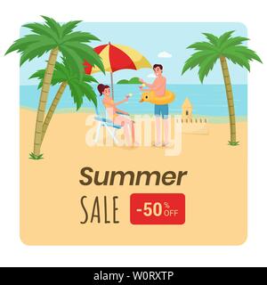 Reisebüro Rabatt Plakat Vorlage. Glückliche Familie, Paare auf Hochzeitsreise genießen Sie exotische Natur, trinken Cocktails. Badeort 50 Prozent niedrigeren Preis Werbung für soziale Medien post Stock Vektor