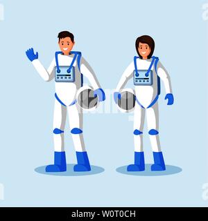 Kosmonauten in Raumanzügen flachbild Vector Illustration. Männliche und weibliche Astronauten stehen, Hand winken und Holding Helme Zeichentrickfiguren. Space Mission, Universum Erforschung isoliert Clipart Stock Vektor
