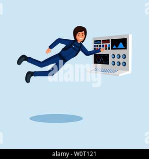 Weibliche Astronautentraining flachbild Abbildung. Kosmonaut floating in der Schwerelosigkeit, Druck auf den Knopf an der Raumschiff control panel cartoon Vektor Charakter. Space Mission vorbereiten isoliert Clipart Stock Vektor