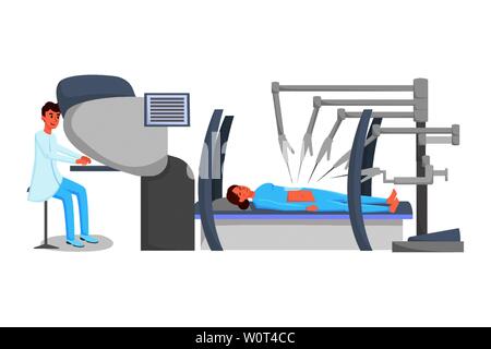 Robot Assisted Chirurgie flachbild Vector Illustration. Chirurg und Patient in Narkose Zeichentrickfiguren. Junger Arzt Durchführung von chirurgischen Verfahren mit High-Tech Ausstattung, moderne Medizin Stock Vektor
