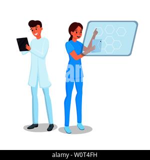 Medizin edv Flachbild Vector Illustration. Lächelnden jungen Arzt und Krankenschwester mit Tabletten Zeichentrickfiguren. Smart Ärzte arbeiten mit tragbaren Geräten, Krankenhauspersonal mit modernen Gadgets Stock Vektor