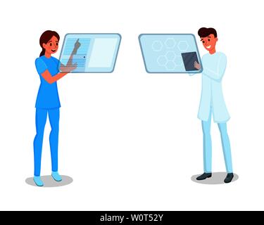 Das medizinische Personal mit Tabletten Vector Illustration. Junge Krankenschwester und Arzt mit futuristischen Gadgets Zeichentrickfiguren. Innovative Technologien in der Medizin, Ärzte arbeiten mit interaktiven Displays Stock Vektor