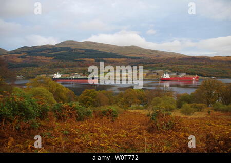 Finnart Oil Terminal. Ardgartan Halbinsel. Der Loch Lomond und Cowal Weg. Halbinsel Cowal. Hochland. Schottland. Großbritannien Stockfoto