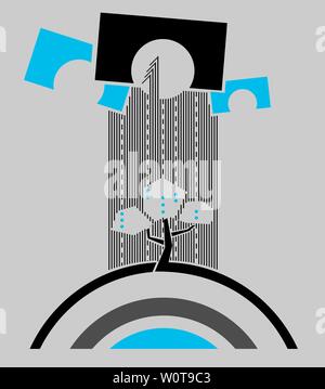 Der Satz von einfachen Formen: ein Baum über dem Regenbogen auf der punktierten Straße zu drei Bögen in verschiedenen Farben. Abstrakte Kunst Hintergrund, Konstruktivismus Stockfoto