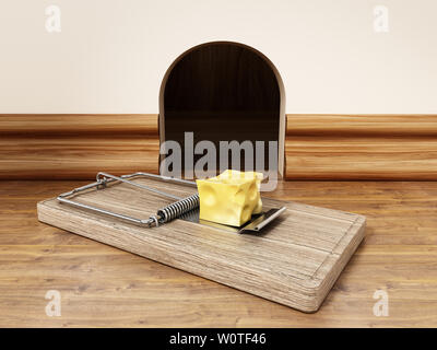 Maus Trap mit einem Stück Käse vor dem Mauseloch. 3D-Darstellung. Stockfoto