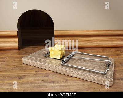 Maus Trap mit einem Stück Käse vor dem Mauseloch. 3D-Darstellung. Stockfoto