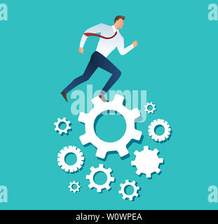 Unternehmer, die über die Maschine Zahnrad Zahnrad zeigt Work Life action Strategie Stockfoto
