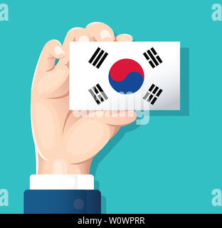 Hand, die Südkorea Flagge Karte mit blauen Hintergrund Stockfoto