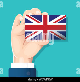 Hand mit England Flagge Karte mit blauen Hintergrund Stockfoto