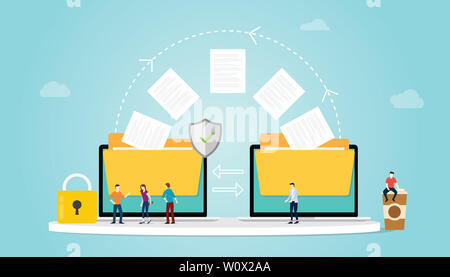File transfer Konzept mit Ordner und Dateien übertragen mit Sicherheit und Vorhängeschloss und Team Menschen mit modernen Flat Style-Vector Illustration Stockfoto