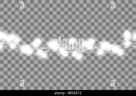 Der weiße Girlanden, festliche Dekorationen. Glühende Weihnachtsbeleuchtung auf transparentem Hintergrund isoliert. Vektor nahtlose horizontale Objekte Stock Vektor