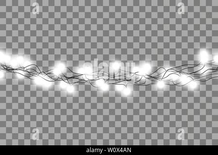 Der weiße Girlanden, festliche Dekorationen. Glühende Weihnachtsbeleuchtung auf transparentem Hintergrund isoliert. Vektor nahtlose horizontale Objekte Stock Vektor