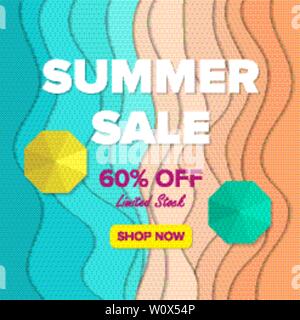 Summer Sale Banner-vorlage, Luftaufnahme Sommer Strand Hintergrund mit Sonnenschirmen, Promo Abzeichen für Ihr saisonales Design. Stock Vektor
