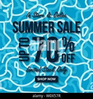Summer Sale Banner-vorlage, Luftaufnahme Sommer Strand Hintergrund mit Sonnenschirmen, Promo Abzeichen für Ihr saisonales Design. Stock Vektor