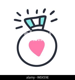 Hand Vector Illustration mit Verlobungsring und Herzen gezeichnet. Lustige Grüße für Kleidung, Karte, Abzeichen, Icon, Postkarte, Banner, tag, Aufkleber, drucken. Stock Vektor