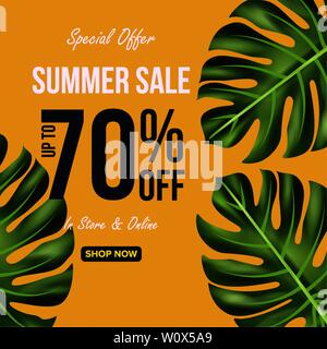 Summer Sale Banner-vorlage, Promo design Vorlage für Ihre Saisonale Promotion. Tropische Blätter Hintergrund. Stock Vektor