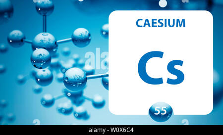 Cäsium Symbol. Zeichen Cäsium mit Ordnungszahl, Atommasse. Cs chemische Element im Periodensystem auf einer glänzenden weißen Hintergrund. Experimente Stockfoto