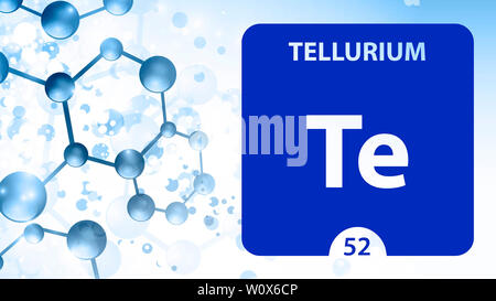 Tellur Te, chemisches Element, Zeichen. 3D-Rendering auf weißem Hintergrund. Tellur chemische 52 Element für wissenschaftliche Experimente im Klassenzimmer sci Stockfoto