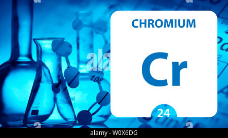 Chrom Cr, chemisches Element, Zeichen. 3D-Rendering auf weißem Hintergrund. Chrom chemische 24 Element für wissenschaftliche Experimente im Klassenzimmer überwachungspersonen Stockfoto