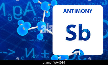 Antimon Sb, chemisches Element, Zeichen. 3D-Rendering auf weißem Hintergrund. Antimon chemische 51 Element für wissenschaftliche Experimente im Klassenzimmer überwachungspersonen Stockfoto