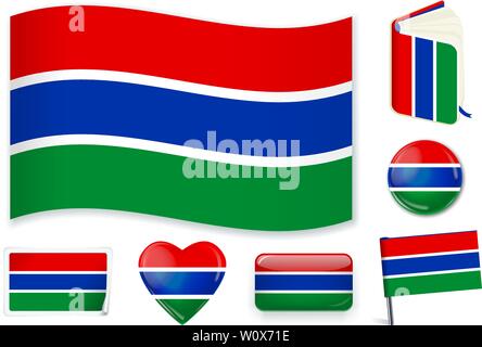Gambia Flagge. Vector Illustration. 3 Schichten. Schatten, Flagge, Licht und Schatten. Sammlung von 220 Welt Flaggen. Präzise Farben. Einfache Änderungen. Stock Vektor