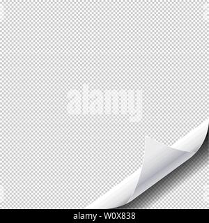 Seite mit Schatten auf leeres Blatt Papier wellt. Weißes Papier Aufkleber. Element für die Werbung und Promotion von Nachricht auf transparentem Hintergrund isoliert. Vector Illustration für ihr Design und Business, eps 10. Stock Vektor