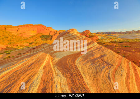 Die coloful gestreifte Landschaft bei Sonnenuntergang Brand Wave Trail in der Valley of Fire State Park in Nevada, United States in der Mojave Wüste. Brand Wave ist eine der Stockfoto