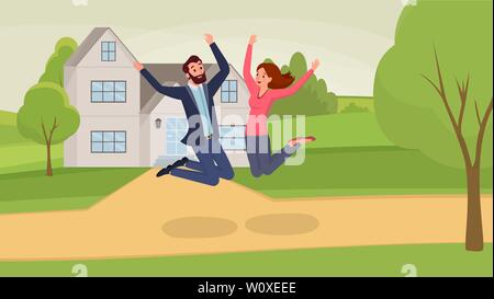 Springen paar Flachbild Vector Illustration. Mann und Frau Zeichentrickfiguren Spaß haben, feiern, in die neue Heimat zu bewegen. Zufriedene Frau und Mann in der Nähe von Haus Springen unter Bäumen, Immobilien Stock Vektor