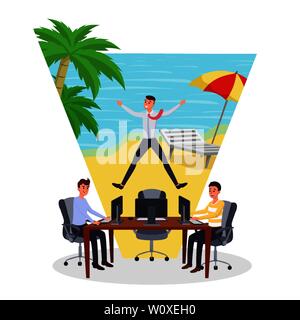 Träumen über Ferienwohnung Vector Illustration. Mitarbeiter, die während andere Arbeiter auf Ferienhäuser Zeichentrickfiguren. Mann bei der Arbeit und denken über Urlaub am Strand, Office Manager am Arbeitsplatz Stock Vektor