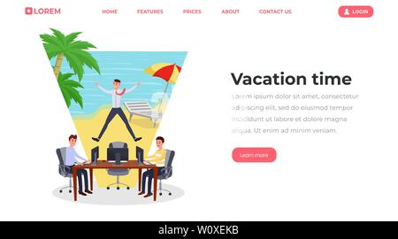 Ferienhäuser Zeit flach landing page Vektor Vorlage. Büroangestellter träumen von tropischen Strand Urlaub website, Webseite. Die jungen Männer Arbeiten am Laptop, Programmierer, Projektmanager Zeichentrickfiguren Stock Vektor