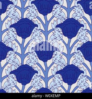 Holzschnitt gedruckt Indigo dye alle über nahtlose ethnischen floral aller Pattern. Traditionelle orientalische Motiv von Indien mit blauer Mohn auf ecru Stock Vektor