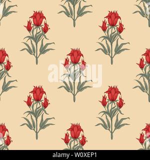 Holzschnitt gedruckt Nahtlose ethnischen floral aller Pattern. Traditionelle orientalische Motiv von Indien Mogul mit blumensträussen Scarlet Rot Blumen auf ecru Stock Vektor