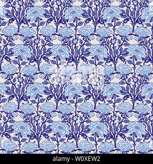 Holzschnitt gedruckt Indigo dye alle über nahtlose ethnischen floral aller Pattern. Traditionelle orientalische Motiv von Indien mit blumensträussen Blue Roses Stock Vektor