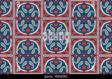 Holzschnitt gedruckt Indigo dye Nahtlose ethnischen floral Paisley Muster. Traditionelle orientalische Ornament von Indien, damast Motiv, golden, Ecru und Rot Stock Vektor