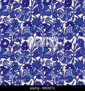 Holzschnitt gedruckt alle über Indigo dye Nahtlose ethnischen floralen Muster. Traditionelle orientalische Motiv von Indien mit Nelken, blaue Farbtöne auf ecru Stock Vektor