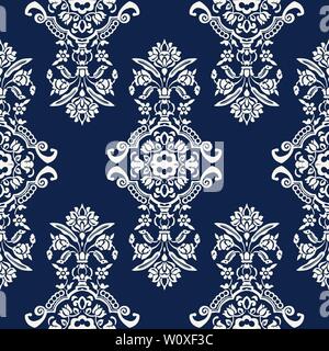 Indigo dye Holzschnitt gedruckt Nahtlose ethnischen floral aller Pattern. Traditionelle orientalische Ornament von Indien mit exotischen Blumen von Kaschmir, ecru Stock Vektor