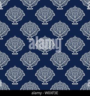 Indigo dye Holzschnitt gedruckt Nahtlose ethnischen floral aller Pattern. Traditionelle orientalische Ornament von Indien, blühende Bäume, ecru auf marine blau Stock Vektor