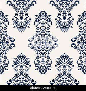 Indigo dye Holzschnitt gedruckt Nahtlose ethnischen floral aller Pattern. Traditionelle orientalische Ornament von Indien mit exotischen Blumen von Kaschmir, navy blue Stock Vektor