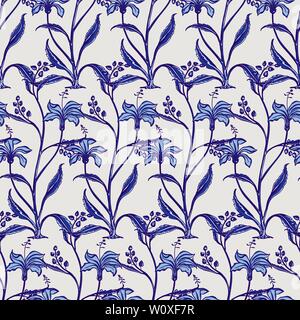 Holzschnitt gedruckt Indigo dye alle über nahtlose ethnischen floralen Muster. Traditionelle orientalische Motiv von Indien Mogul mit blumensträussen Lilien Blautöne Stock Vektor