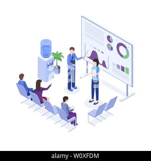 Präsentation des Projekts Vektor isometrische Darstellung. Lautsprecher bei Business Convention, Arbeiter 3d-Zeichentrickfiguren. Corporate Trainings, Seminar, Business School, Arbeitgeber erklären Diagramme an Bord Stock Vektor