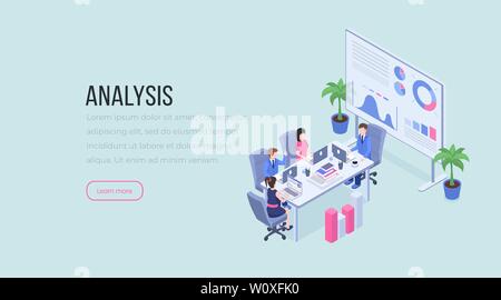 Analyse isometrische landing page. Teamwork, Geschäftsverhandlungen, Data Analytics, Brainstorming, männlichen und weiblichen Beschäftigten website Vektor Layout. Schulungen 3D-Darstellung Stock Vektor