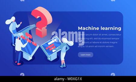 Machine Learning isometrische Landing Page Template. Menschen, die mit digitaler Anzeige, der Frauen und der Mann auf der Suche nach Informationen, website Vektor Layout. Künstliche Intelligenz 3d Konzept Abbildung Stock Vektor