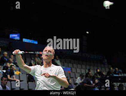 Minsk, Weißrussland. 28 Juni, 2019. Raul muss (EST) die Teilnahme an den Badminton Turnier an der 2. europäischen Spiele. Kredit Garry Bowden/SIP-Foto Agentur/Alamy leben Nachrichten. Stockfoto