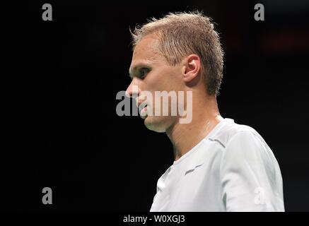 Minsk, Weißrussland. 28 Juni, 2019. Raul muss (EST) die Teilnahme an den Badminton Turnier an der 2. europäischen Spiele. Kredit Garry Bowden/SIP-Foto Agentur/Alamy leben Nachrichten. Stockfoto