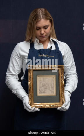 Sotheby's, London, Großbritannien. 28. Juni 2019. Bedeutende Werke von Botticelli, Brueghel, Rubens und Landschaften von Gainsborough, Turner und Polizist in eine der wertvollsten Alten Meister der Umsatz je inszeniert, statt am 3. Juli 2019 zu nehmen. Bild: Giovanni Battista di Jacopo Rosso, die Visitation. Schätzung £ 500,000-700,000. 16. Jahrhundert seltenes Beispiel für eine Kreidezeichnung. Credit: Malcolm Park/Alamy Leben Nachrichten. Stockfoto