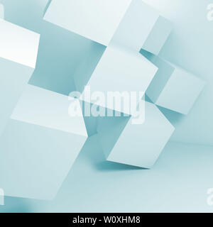 White Cubes Installation in leeren Innenraum, abstrakte digitale Hintergrund. Platz 3D Rendering illustration Stockfoto