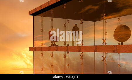 3D-Rendering eines modernen Glasgebäude mit einem Mann, den Sonnenuntergang. Stockfoto